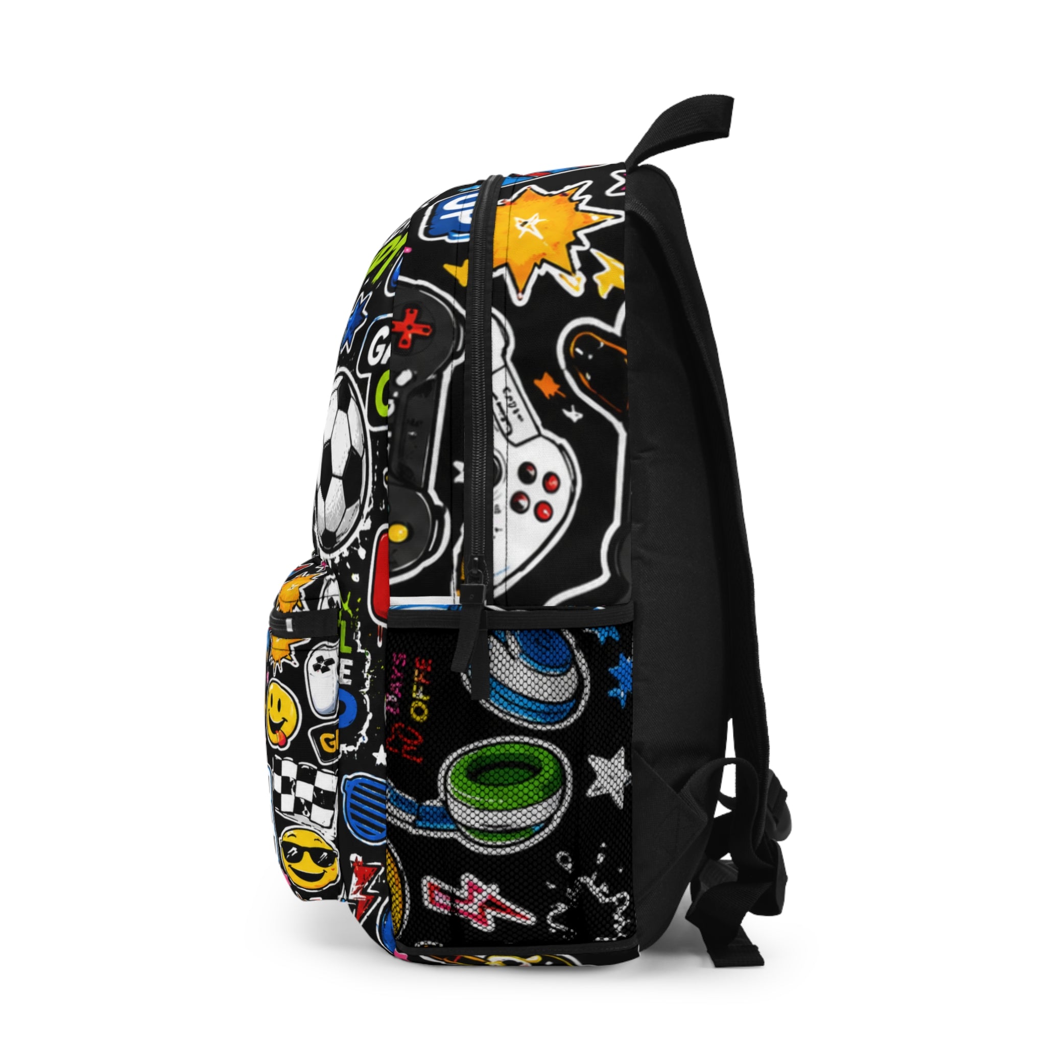 Personalized Kids Sticker Print Backpack — Custom Name Sports & Gaming Design