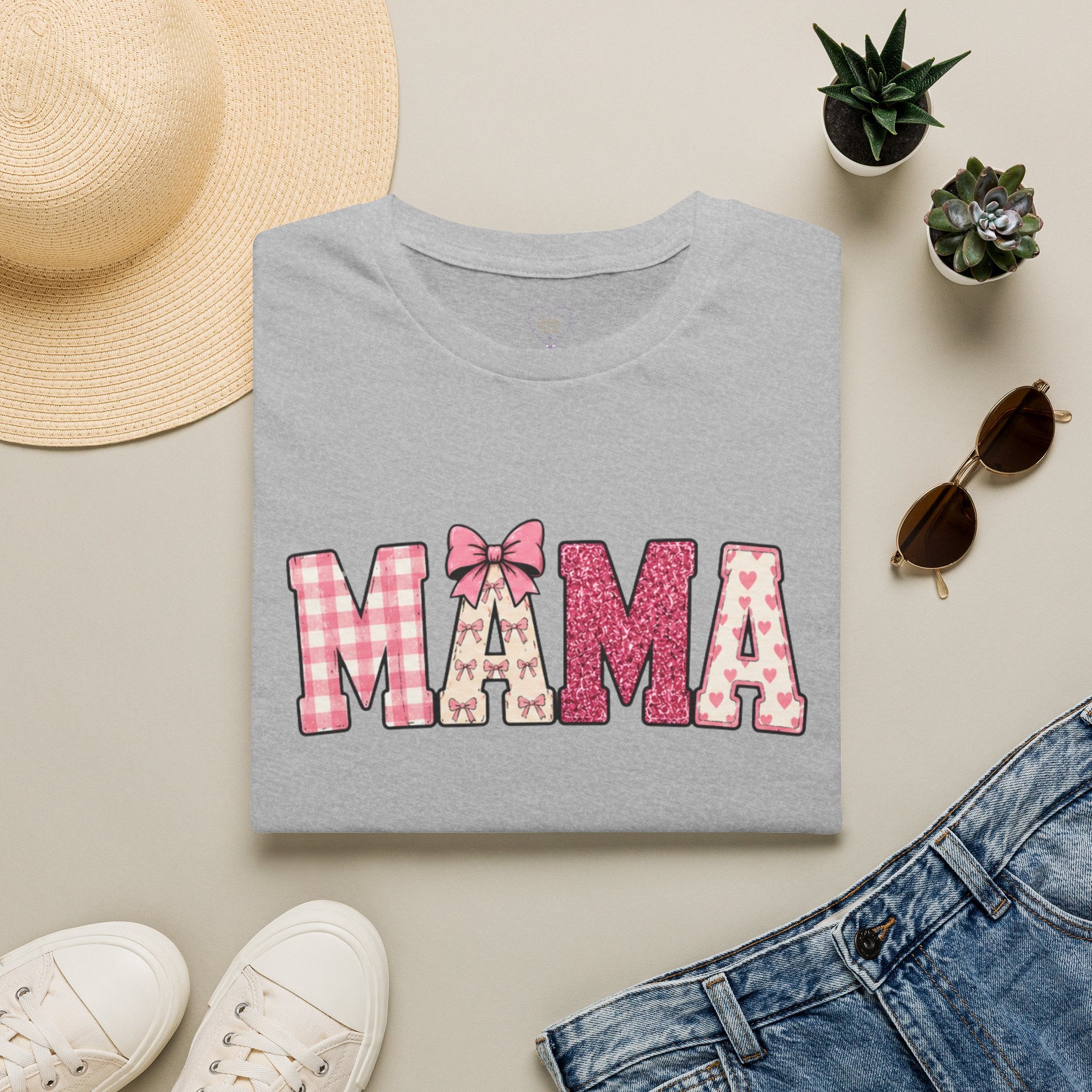 Mama Graphic T-Shirt — Pink Plaid & Floral Patchwork Design