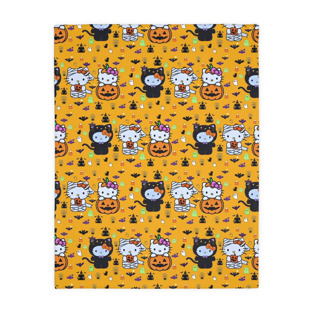 Halloween Cat & Pumpkin Velveteen Microfiber Blanket — Cute Kawaii Fall Throw