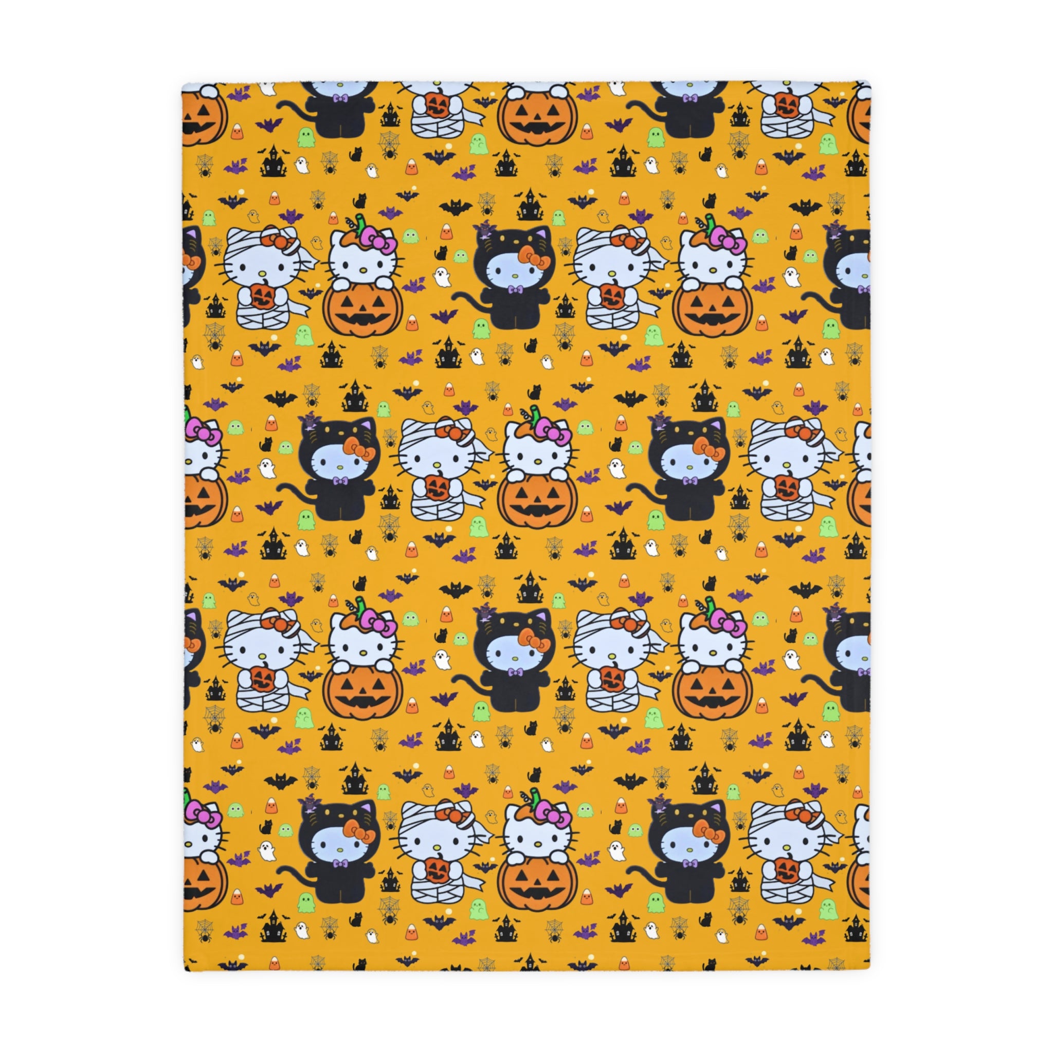Halloween Cat & Pumpkin Velveteen Microfiber Blanket — Cute Kawaii Fall Throw