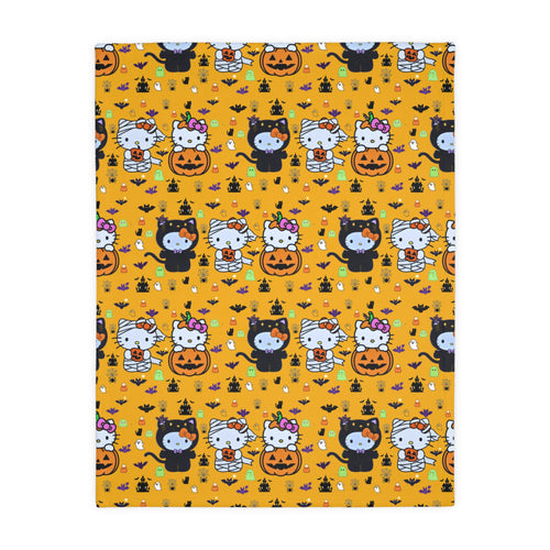 Halloween Cat & Pumpkin Velveteen Microfiber Blanket — Cute Kawaii Fall Throw
