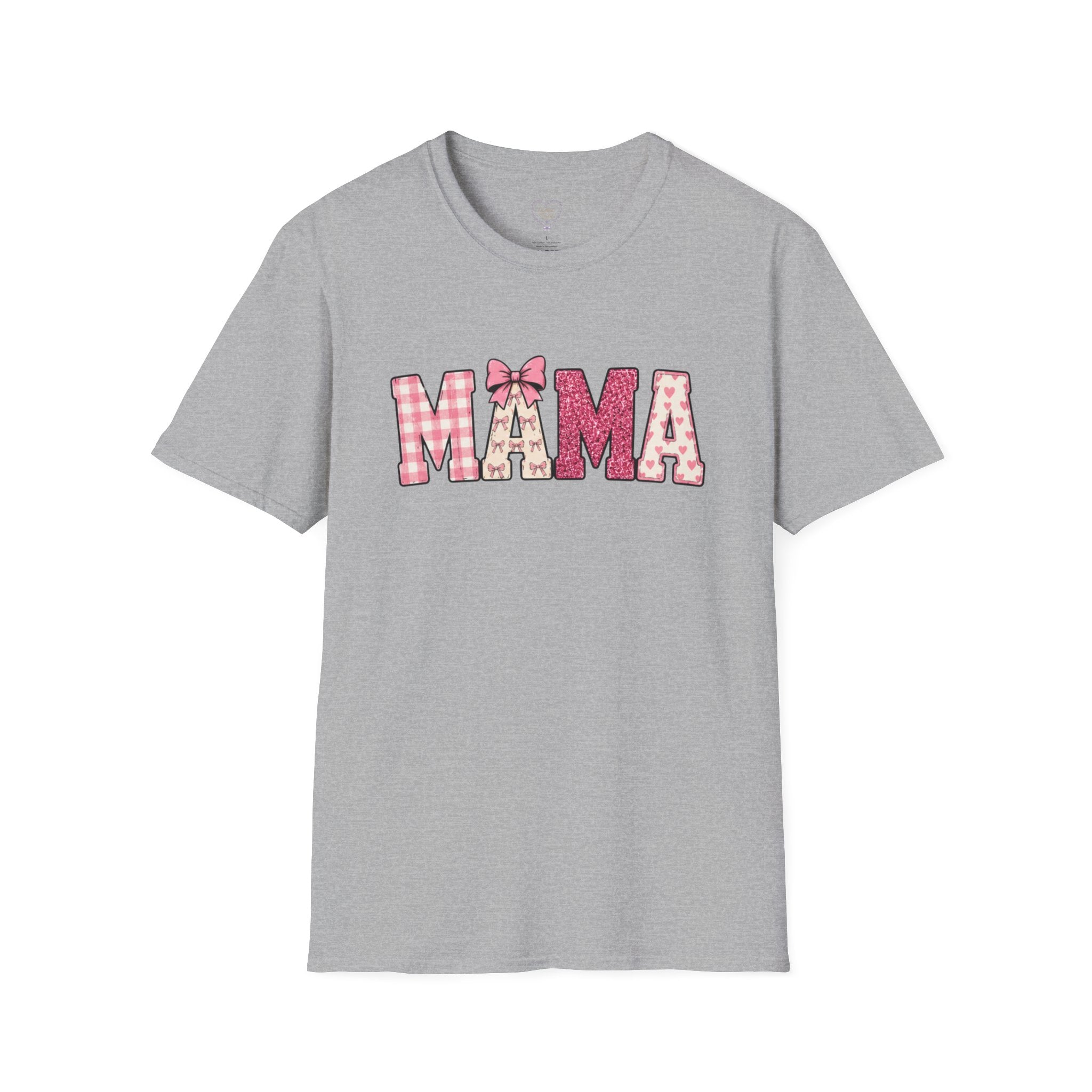 Mama Graphic T-Shirt — Pink Plaid & Floral Patchwork Design