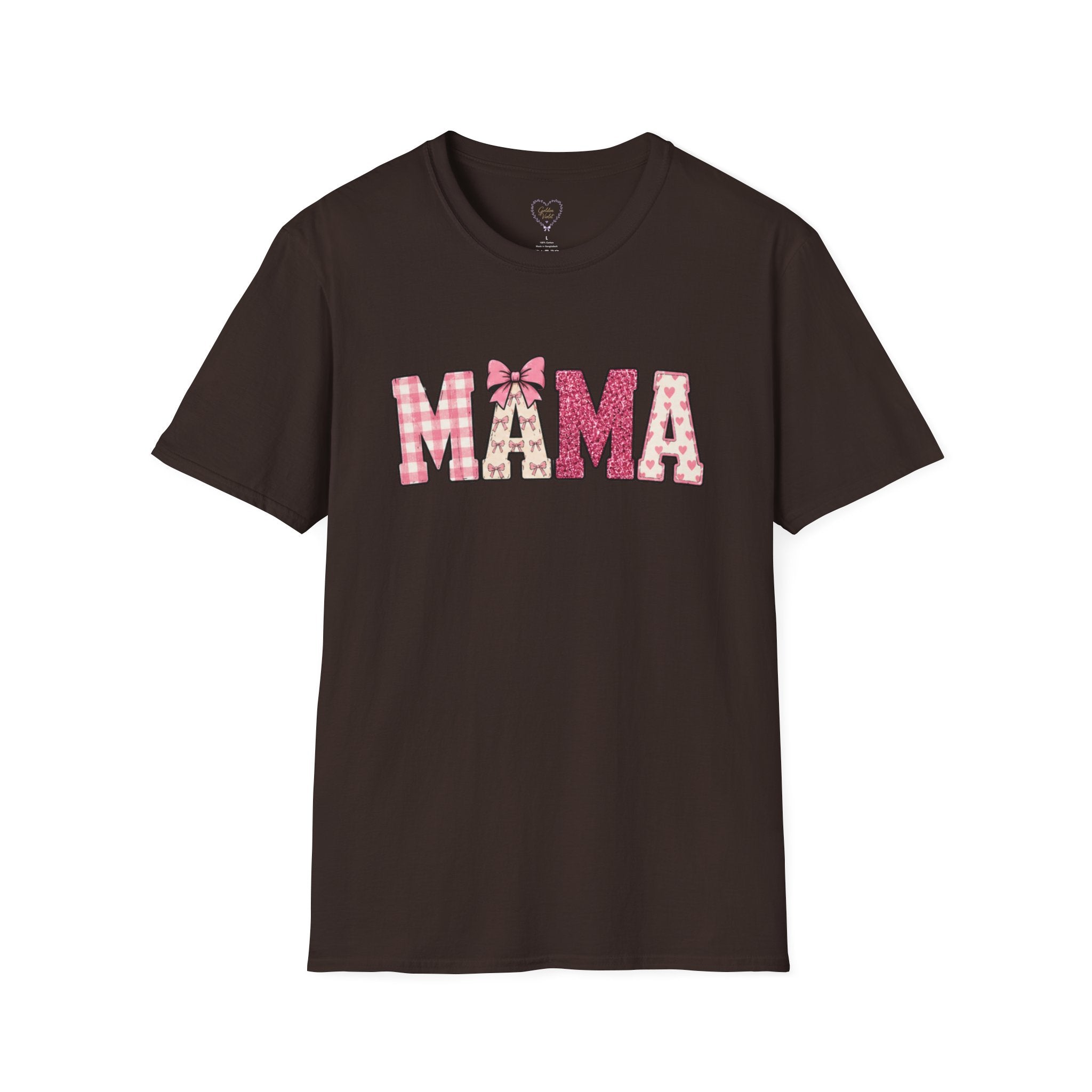 Mama Graphic T-Shirt — Pink Plaid & Floral Patchwork Design