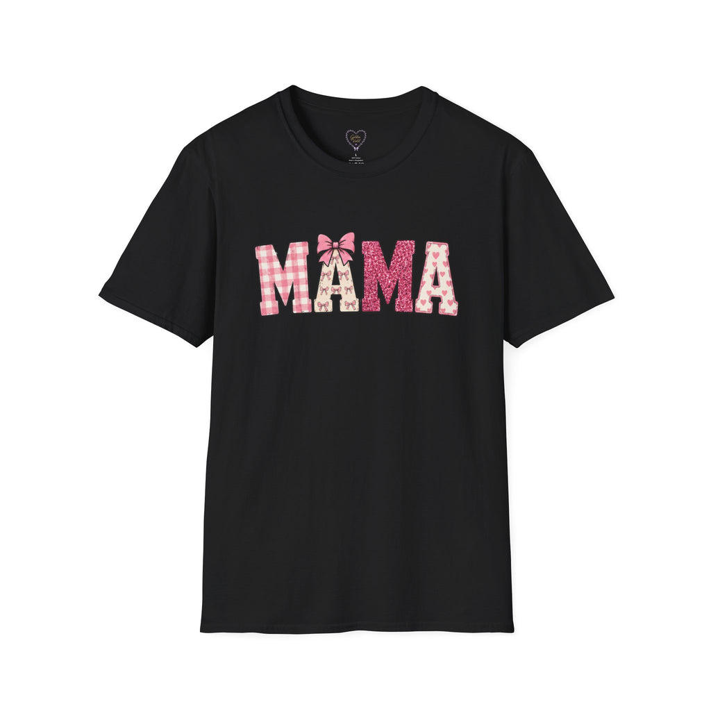 Mama Graphic T-Shirt — Pink Plaid & Floral Patchwork Design
