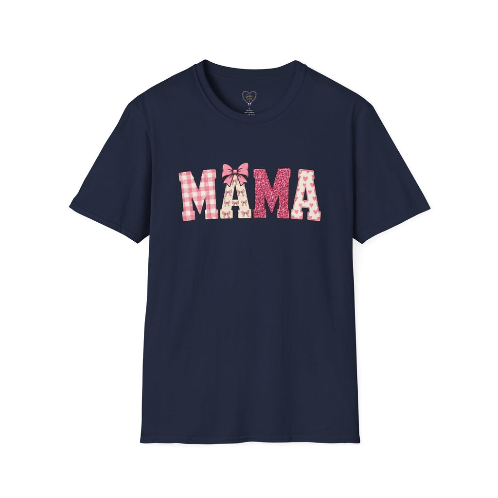 Mama Graphic T-Shirt — Pink Plaid & Floral Patchwork Design