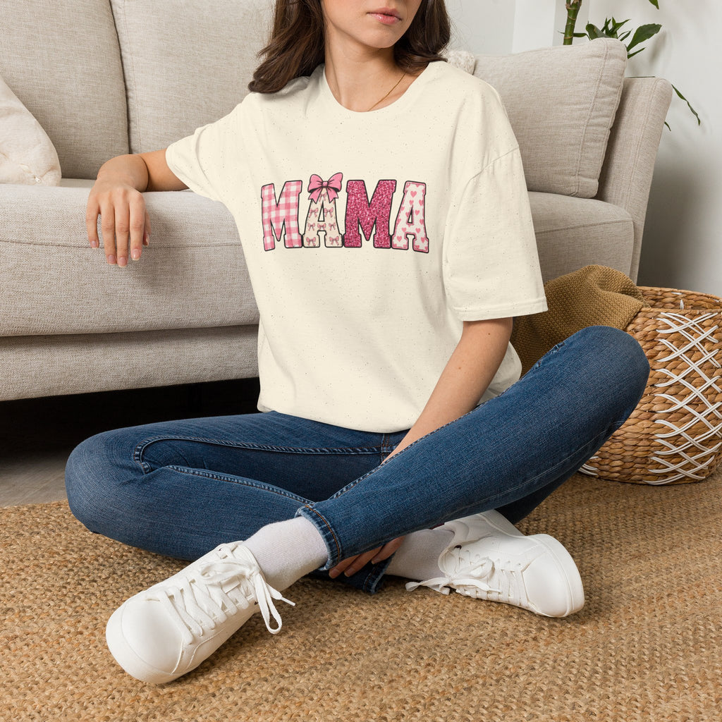Mama Graphic T-Shirt — Pink Plaid & Floral Patchwork Design