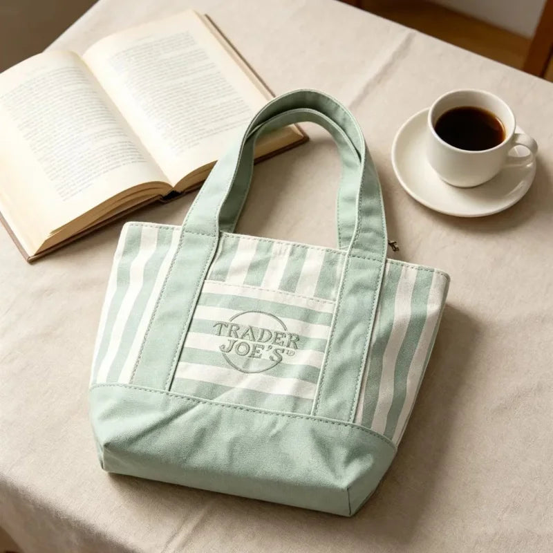 NEW Pastel Striped Trader Joe’s  Mini Canvas Tote Bag, Summer Macaron Color Reusable Small Grocery Storage Handbag