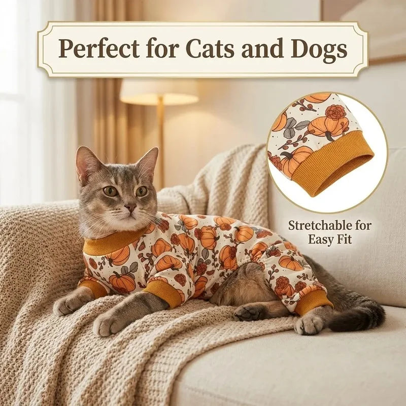 Fall Dog Pajamas Pumpkin Pet Onesie 4-Legged Puppy Jumpsuit Cat Clothes Autumn Thanksgiving Apparel for Small Medium Dogs Cats