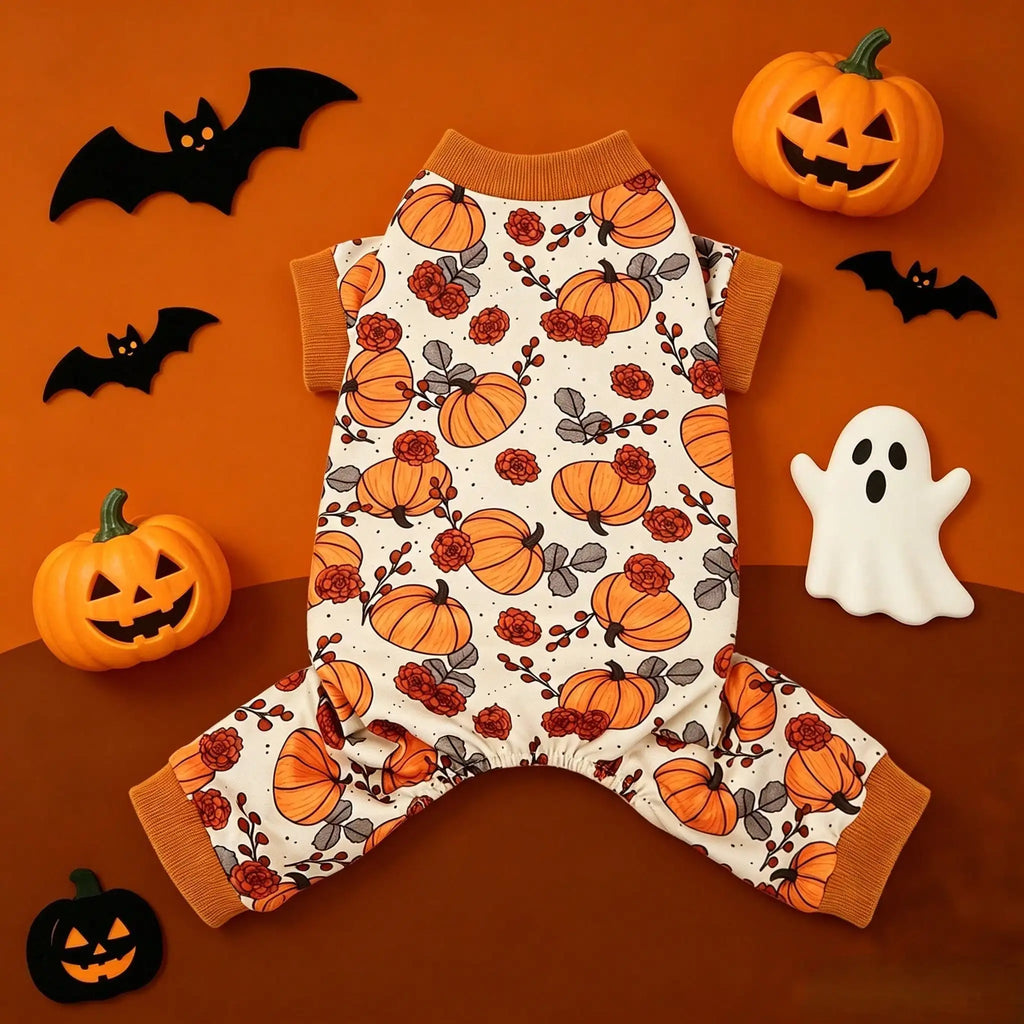 Fall Dog Pajamas Pumpkin Pet Onesie 4-Legged Puppy Jumpsuit Cat Clothes Autumn Thanksgiving Apparel for Small Medium Dogs Cats