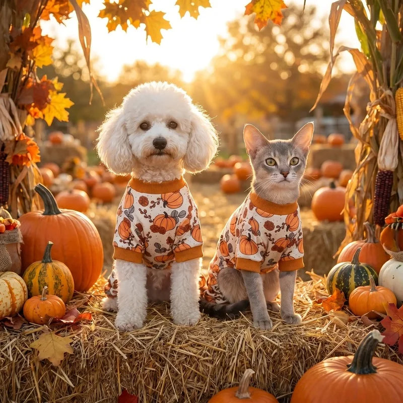 Fall Dog Pajamas Pumpkin Pet Onesie 4-Legged Puppy Jumpsuit Cat Clothes Autumn Thanksgiving Apparel for Small Medium Dogs Cats