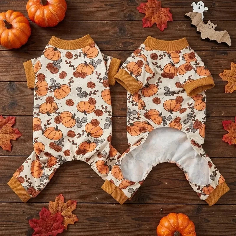 Fall Dog Pajamas Pumpkin Pet Onesie 4-Legged Puppy Jumpsuit Cat Clothes Autumn Thanksgiving Apparel for Small Medium Dogs Cats