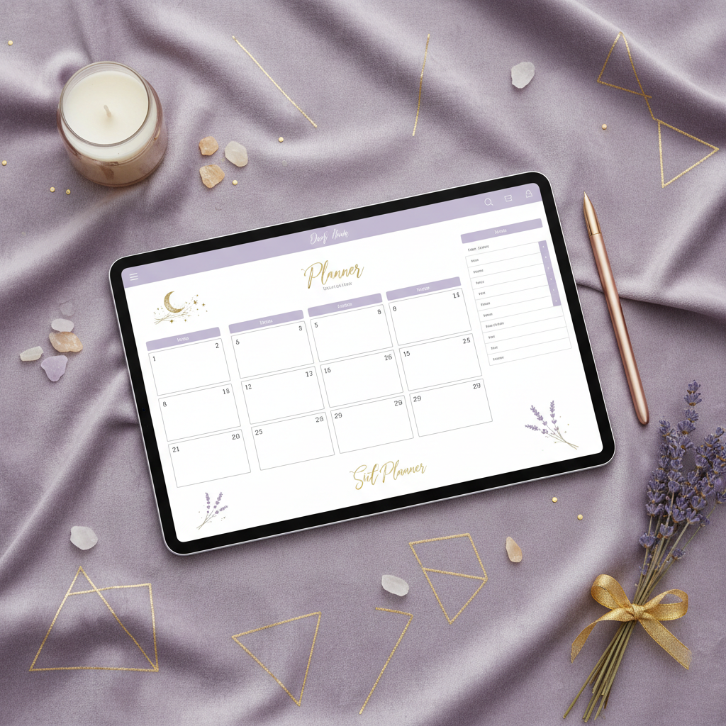 Luxury digital planner in lavender and gold displayed on a tablet