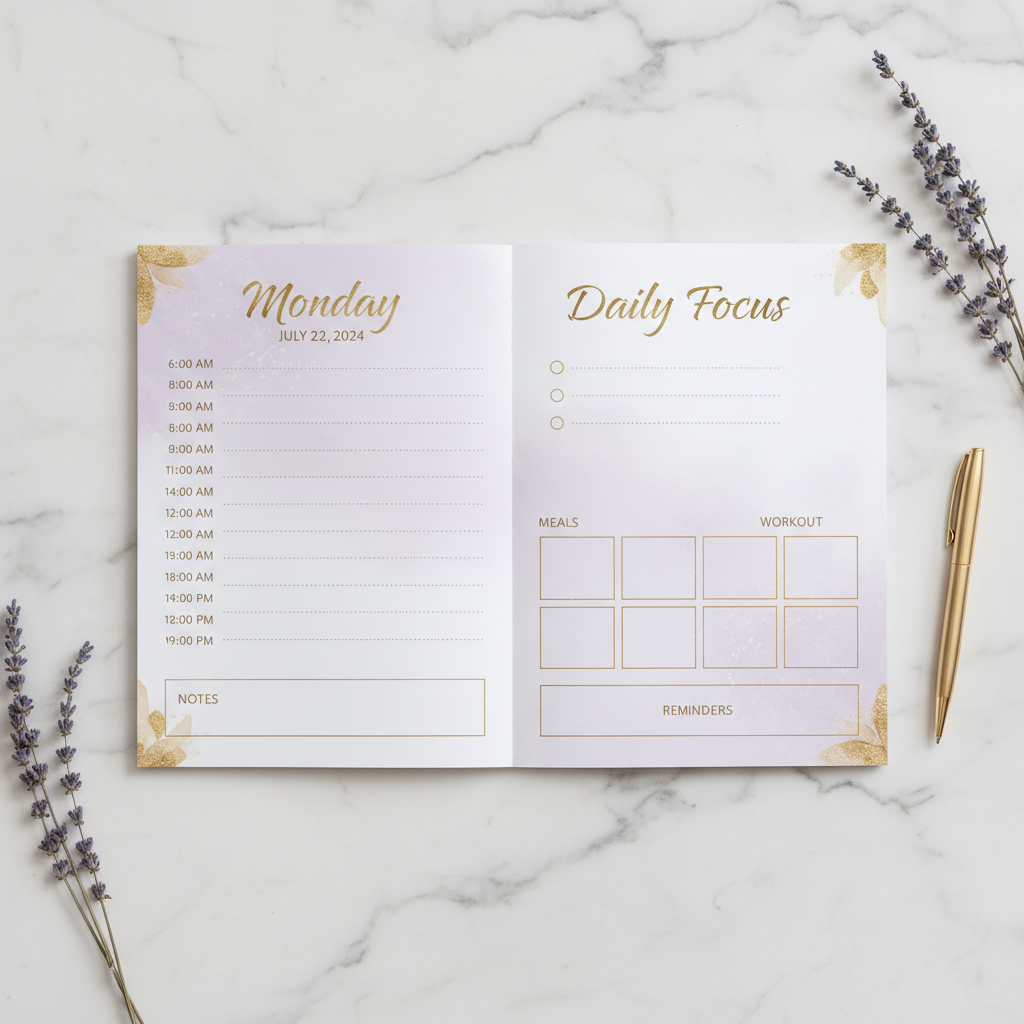 Daily planner layout spread with lavender and gold design